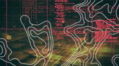 Siyah arkaplana karşı veri işleme üzerinde topoğrafya kalıplarının dijital animasyonu. küresel ağ ve teknoloji kavramı