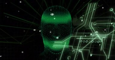 Dijital kafanın simgelerin ve neon çizgilerin üzerinde canlandırılması. küresel teknoloji ve dijital arayüz kavramı dijital olarak oluşturulmuş video.