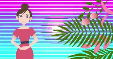 Bitki simgeleri üzerinde konuşan kadın animasyonu. Ulusal danışmanlık ayı ve dijital olarak oluşturulan kutlama konsepti.