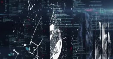 Siyah arkaplanda veri işleme ve şekillerin animasyonu. küresel teknoloji ve dijital arayüz kavramı dijital olarak oluşturulmuş video.