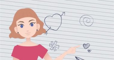 Okul çizimleri üzerinden konuşan kadın animasyonu. Ulusal danışmanlık ayı ve dijital olarak oluşturulan kutlama konsepti.