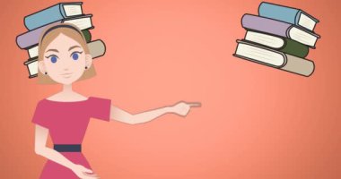 Kitap simgeleri üzerinde konuşan kadın animasyonu. Ulusal danışmanlık ayı ve dijital olarak oluşturulan kutlama konsepti.