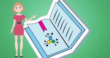 Defter simgesi üzerinde konuşan kadın animasyonu. Ulusal danışmanlık ayı ve dijital olarak oluşturulan kutlama konsepti.