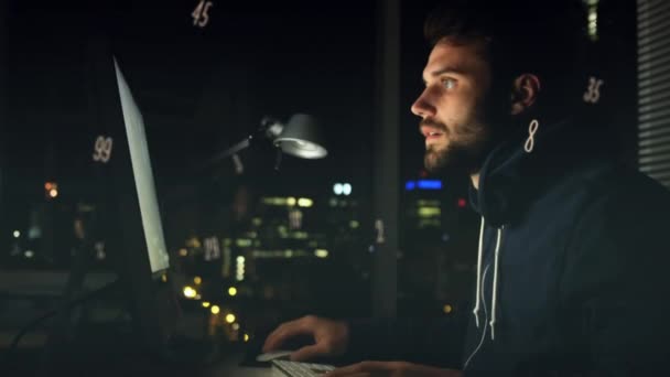 Multiple Numbers Floating Caucasian Male Hacker Using Laptop Cyber Security — Video