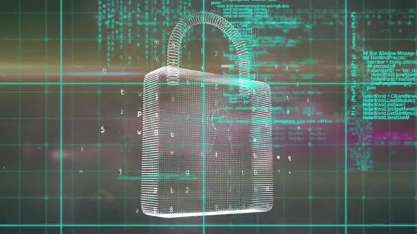 Animação Digital Processamento Dados Através Rede Grade Contra Ícone Cadeado — Vídeo de Stock