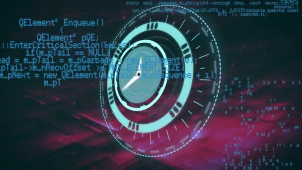 デジタル時計はピンクの背景でデータ処理に対してネオンラウンドスキャナーをチェックします デジタルインターフェースとテクノロジーの概念は — ストック動画
