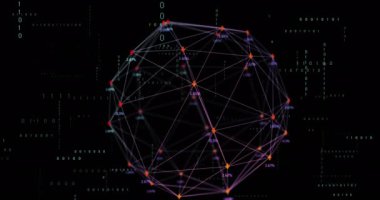 Siyah arkaplanda veri işleme ve şekillerin animasyonu. küresel teknoloji ve dijital arayüz kavramı dijital olarak oluşturulmuş video.