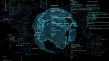 Siyah arkaplanda veri işleme ve küre animasyonu. küresel teknoloji ve dijital arayüz kavramı dijital olarak oluşturulmuş video.