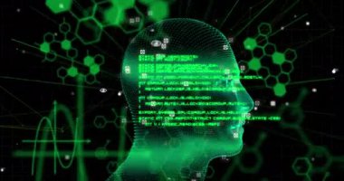 Siyah arka planda dijital kafa ve veri işleme animasyonu. küresel teknoloji ve dijital arayüz kavramı dijital olarak oluşturulmuş video.