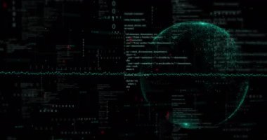 Siyah arkaplanda veri işleme ve küre animasyonu. küresel teknoloji ve dijital arayüz kavramı dijital olarak oluşturulmuş video.