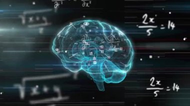 Siyah zemin üzerinde dijital beyin ve matematiksel denklemlerin animasyonu. küresel teknoloji ve dijital arayüz kavramı dijital olarak oluşturulmuş video.