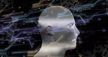 Dijital kafanın simgelerin ve neon çizgilerin üzerinde canlandırılması. küresel teknoloji ve dijital arayüz kavramı dijital olarak oluşturulmuş video.