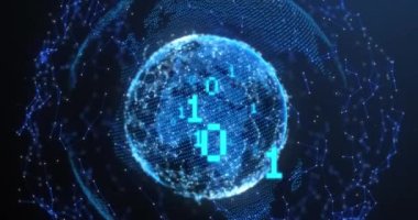 Siyah arkaplanda ikili kodlama ve küre animasyonu. küresel teknoloji ve dijital arayüz kavramı dijital olarak oluşturulmuş video.