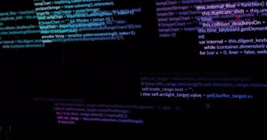 Siyah arkaplanda veri işleme animasyonu. küresel teknoloji ve dijital arayüz kavramı dijital olarak oluşturulmuş video.