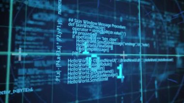 Mavi arkaplanda veri işleme animasyonu. küresel teknoloji ve dijital arayüz kavramı dijital olarak oluşturulmuş video.