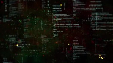 Veri işlemenin animasyonu ve siyah arkaplanda parazit. küresel teknoloji ve dijital arayüz kavramı dijital olarak oluşturulmuş video.