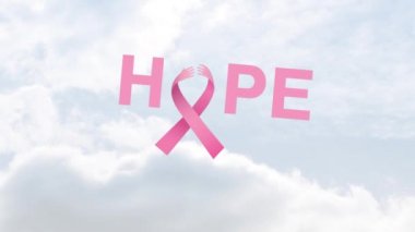 Bulutlu gökyüzünde pembe kurdele ve umut mesajı animasyonu. Göğüs kanseri pozitif farkındalık kampanyası konsepti dijital olarak üretildi.