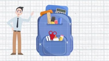 Okul çantası ikonu üzerinde konuşan adamın animasyonu. Ulusal danışmanlık ayı ve dijital olarak oluşturulan kutlama konsepti.