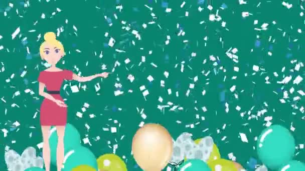 Animatie Van Een Vrouw Die Praat Confetti Ballonnen Iconen Nationaal — Stockvideo