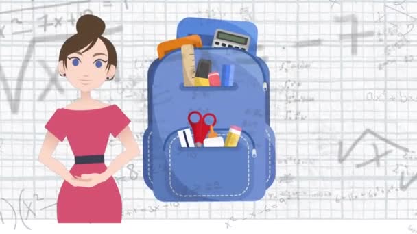 Animation Einer Frau Die Über Das Symbol Der Schultasche Spricht — Stockvideo