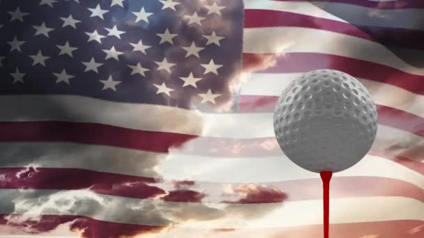 Animación Pelota Golf Sobre Ondeando Bandera Estados Unidos Nos Abierto — Vídeo de stock