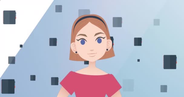 Animación Mujer Hablando Sobre Los Iconos Del Cuaderno Mes Tutoría — Vídeo de stock