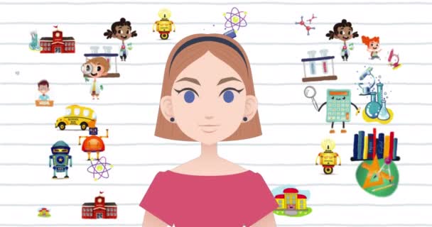 Анимация Женщины Говорящей Над Школьными Иконами Национальный Месяц Наставничества Концепция — стоковое видео