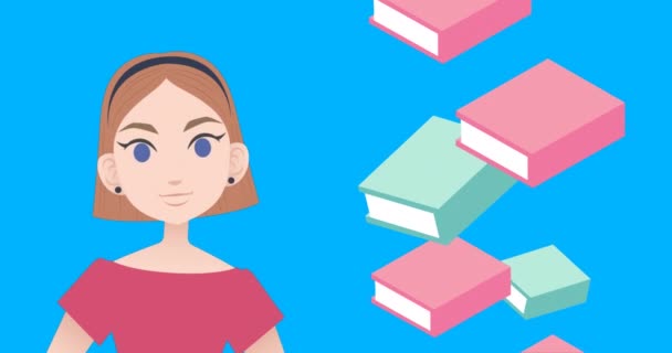 Animación Mujer Hablando Sobre Iconos Libros Mes Tutoría Nacional Concepto — Vídeo de stock