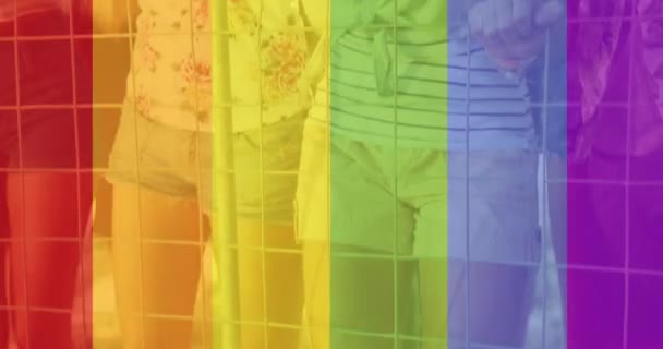 彩虹在一群快乐的人身上的动画 Lgbtq自豪与平等庆祝概念数码视频 — 图库视频影像
