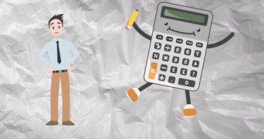 Mutlu hesap makinesi ikonu üzerine konuşan adamın animasyonu. Ulusal danışmanlık ayı ve dijital olarak oluşturulan kutlama konsepti.