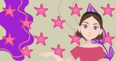 Yıldızlar ve şekiller üzerinde konuşan kadın animasyonu. Ulusal danışmanlık ayı ve dijital olarak oluşturulan kutlama konsepti.