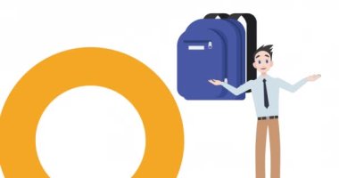 Okul çantası ikonu üzerinde konuşan adamın animasyonu. Ulusal danışmanlık ayı ve dijital olarak oluşturulan kutlama konsepti.