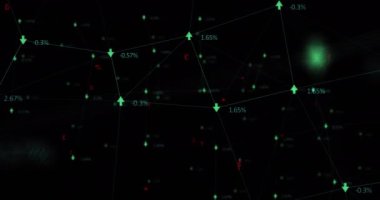 Veri işleme animasyonu ve siyah arkaplan üzerindeki oklar. küresel teknoloji ve dijital arayüz kavramı dijital olarak oluşturulmuş video.