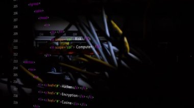 Sunucu odasında veri işleme animasyonu. küresel teknoloji ve dijital arayüz kavramı dijital olarak oluşturulmuş video.