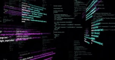 Siyah arkaplanda veri işleme animasyonu. küresel teknoloji ve dijital arayüz kavramı dijital olarak oluşturulmuş video.