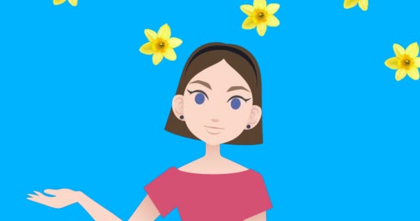 Animación Mujer Hablando Sobre Iconos Flores Mes Tutoría Nacional Concepto — Vídeo de stock