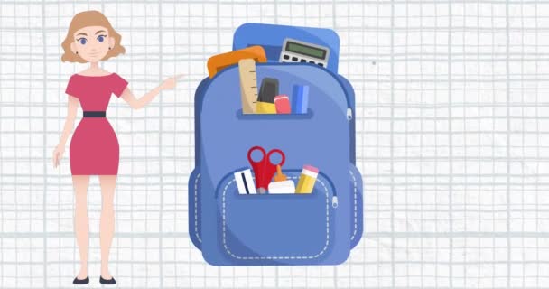 Animación Mujer Hablando Sobre Icono Bolsa Escuela Mes Tutoría Nacional — Vídeo de stock