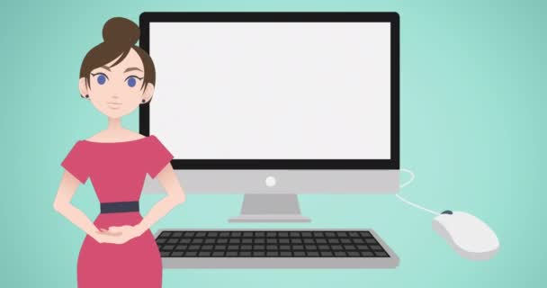 Animation Woman Talking Computer Και Επιστροφή Στο Σχολικό Κείμενο Εθνικό — Αρχείο Βίντεο