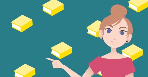 Animación Mujer Hablando Sobre Iconos Libros Mes Tutoría Nacional Concepto — Vídeo de stock