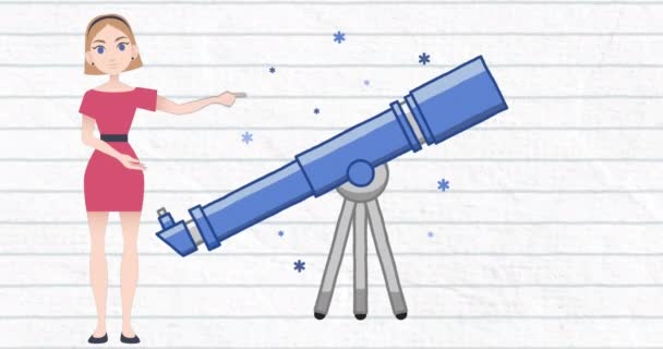 女人在望远镜图标上说话的动画 国家辅导月和数字制作的视频庆祝概念 — 图库视频影像