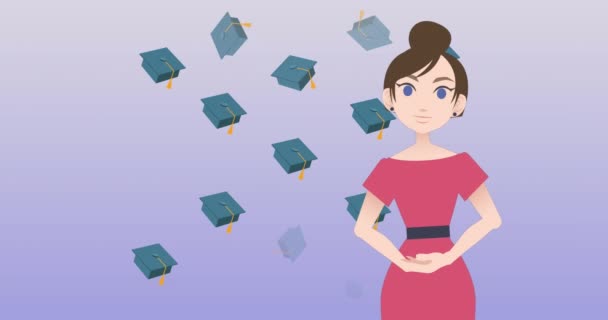 Animação Mulher Falando Sobre Ícones Bonés Pós Graduação Mês Tutoria — Vídeo de Stock