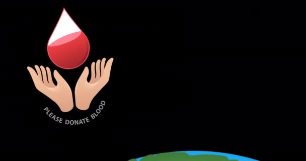 Animación Del Icono Donación Sangre Texto Todo Mundo Concepto Del — Vídeo de stock