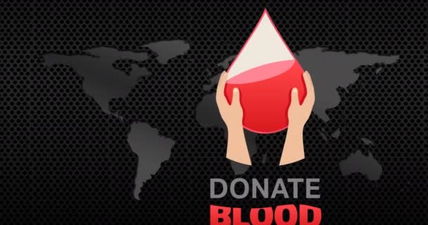 世界地图上献血标志和文字的动画 世界献血日概念数字制作的录像 — 图库视频影像