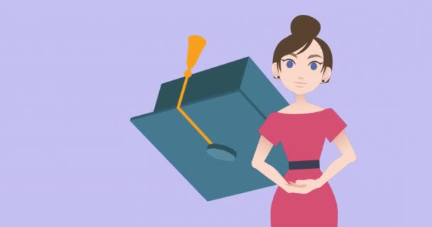 Animação Mulher Falando Sobre Ícones Cap Pós Graduação Mês Tutoria — Vídeo de Stock