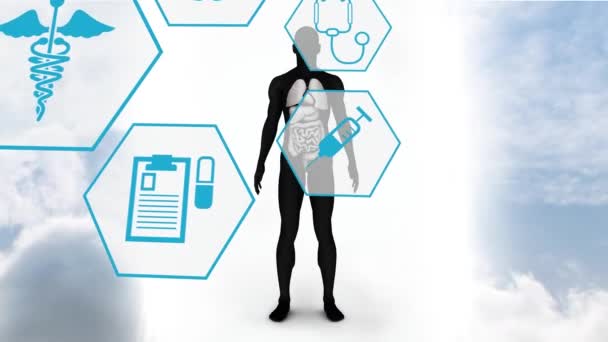 Animación Iconos Médicos Sobre Modelo Del Cuerpo Humano Concepto Global — Vídeo de stock