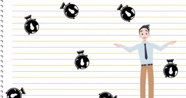 Erkek animasyonu okul metinlerine ve dünya ikonlarına cevap veriyor. Ulusal danışmanlık ayı ve dijital olarak oluşturulan kutlama konsepti.