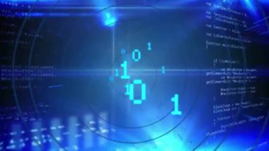 Veri işleme animasyonu ve siyah arkaplanda daireler. küresel teknoloji ve dijital arayüz kavramı dijital olarak oluşturulmuş video.