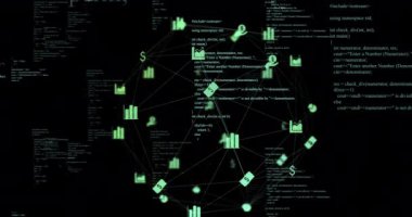 Siyah arka planda veri işleme ve iş simgelerinin animasyonu. küresel teknoloji ve dijital arayüz kavramı dijital olarak oluşturulmuş video.