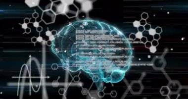 Siyah arka planda veri işleme ve beyin animasyonu. küresel teknoloji ve dijital arayüz kavramı dijital olarak oluşturulmuş video.