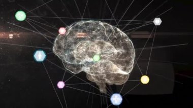Siyah arka planda dijital beyin ve tıbbi ikonların animasyonu. küresel teknoloji ve dijital arayüz kavramı dijital olarak oluşturulmuş video.